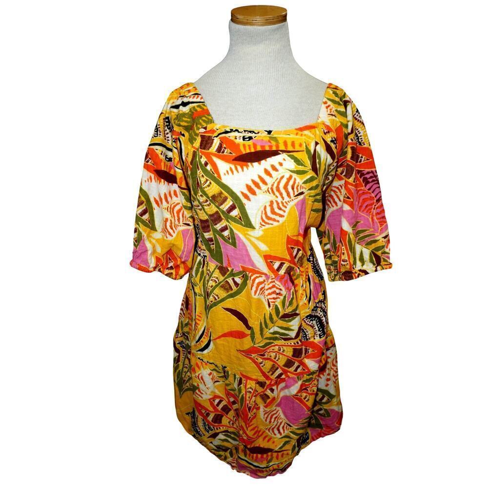Mlle Gabrielle Puff Sleeve Jungle Print Dress 1X โ Boho Vacation Cotton Mini